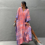 Printed V-neck Batwing Sleeve Side Split Loose Dress For Women Clothes Plus Size Beachwear Maxi Dress