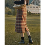Vintage 2pcs Set Brown Single-Breasted Cardigan Knitted Sweater +High Waist Plaid Split Hip Long Skirt Women Elegant