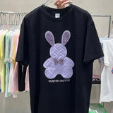 Pure Cotton Purple Crystal Diamonds Rabbit Embroidery Cute T Shirts Kawaii Women Girls Loose Casual Tops Korean