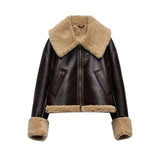 Faux Fur Collar Pu Leather Jacket-Outfit