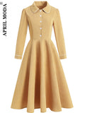 Line Swing Solid Tunic Women's Dress Retro Vintage 50S Robe Femme Long Sleeve Spring French Pin Up Rockabilly Midi