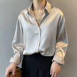 Fashion Button Up Satin Silk Shirt Vintage Blouse Women Spring White Lady Long Sleeves Female Loose Streetwear