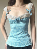 Age-Reduce Lace Bow Spliced Sling Vest Collar Print Blue Collar Knitted Shirt
