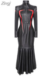 Spring Autumn Cool Red and Black Patchwork Faux Leather Maxi Dress Women with Detachable Hem Luxury Designer