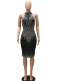 Sexy Black Halter Rhinestone Crystal Bodycon Dress Fashion Womens Sleeveless Clubwear Midi Dresses Slim