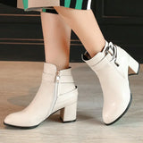Women Boots Square High Heel Ankle Boots Fashion Pointed Toe Buckle Winter Zipper Boots Female Shoes Black White