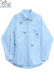 Women's Blouse Fashion Lapel Collar Blue Butterfly Shirts Long Sleeve Single Breasted Streetwear Casual Loose Female Blouses