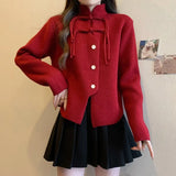 Zingj Chinese Style National Wind This Year Red Female Sweater Spring 2024 New Festive Plate Button Jacket Pin Button Cardigan-Outfit