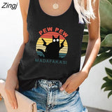 Pew Madafakas Black Cat with Knife Print Funny Tank Top Women Sleeveless Summer Loose Cartoon Vest Harajuku Shirt for