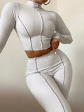 Autumn Solid Two Piece Set Women Outfits Half High Collar Long Sleeve Crop Top+skinny Leggings Lady Casual Sporty