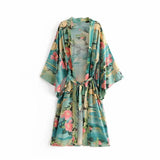 Queens Vintage green Crane Floral Print Sashes Women bohemian V Neck batwing Sleeves happie robe Kimono