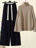 Winter Warm Knitted Suit Women Long Sleeve Half Turtleneck Knitting Sweater And Wide Leg Pants Sets Outer Wear Loose