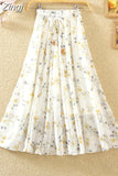 Women Summer Long 2023 Spring Ladies Floral Print High Waist Elegant Sweet Casual Chiffon Skirts Beach Faldas