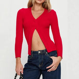 Wind Sweater Knitted U-Neck Hollow Solid-Colored Bow Strap Wearing Long-Sleeved Women's