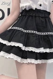 Japan Style Lace Patchwork Ruffles High Waist Cute Cake Skirt Women Black Harajuku Kawaii Y2k Skirts Above