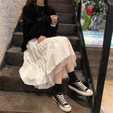 Tulle Midi Skirts Womens 2022 Autumn Elastic High Waist Mesh Tutu Pleated Skirts Female Black White Long Skirt