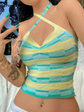 2021 Summer Women Crop Top Halter Neck Bandage Backless Off Shoulder Sleeveless Patchwork Beach Knit Sexy Tank