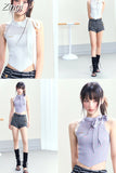 Women Camisole Blue Lace Up Crop Top Vintage Y2k 2023 Summer Fashion Streetwear White Tank Top Sexy Sleeveless Off Shoulder