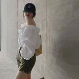 Vintage Elegant White Shirts Women Sexy Skew Collar Off Shoulder Folds Puff Sleeve Chic Blouses Korean Ruffles Loose