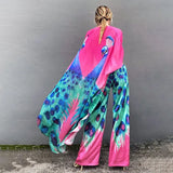 Boho Peacock Printed Front Open Kimono Dress Sexy Blue Chiffon Tunic Women Summer Clothing Plus Size Beach Dresses