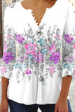 Floral Print Summer Blouse Women Elegant Simple Shirt V Neck Button 3/4 Length Sleeve Casual Holiday Basic Tops
