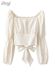 New Women Simple Cropped Tops Pleated Slim Sexy Female Long Puff Sleeve Bandage Bow Square Collar Vintage All-match