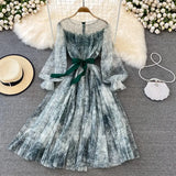 Mesh Printed Dress Women Spring Autumn Round Neck Puff Long Sleeve Ink Pattern A-Line Big Swing Vestidos Female 2023