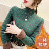 Winter High Collar Houndstooth Plus Velvet Sweater Ladies Slim All-match Bottoming Pullover Top Women Casual Warm