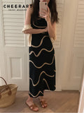 Wave Black Spaghetti Strap Knitted Dress Women Backless Slim Long Midi Slip Dress For Women 2022 Designer