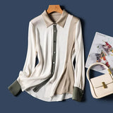 Fashion Elegant Button Up Mulberry Silk Satin Blouse Three-color Patchwork Shirt Office Lady Long Sleeve Women Tops