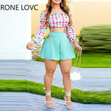 Women Sexy Puff Sleeves Lace Up Plaid Pattern Crop Top& Solid Bottom Fashion Sexy Short