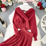 Fashion Women Two Pieces Set Batwing Sleeve Knitted Lurex Pullover Sweater Pleated Midi Skirt Solid Female