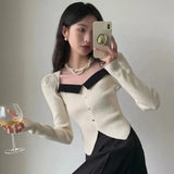 Vintage Knitted Sweater Women Square Collar Cropped Pullovers Korean Elegant Slim Knitwear Simple Patchwork Jumpers