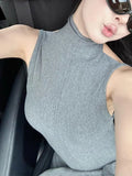High Collar Backless Maxi Dress Women Sleeveless Slim Fit Pleated Robes 2024 Spring Fashion Female Party Evening