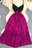Women Spaghetti Strap Beach Long Dress Sexy V-Neck High Waist Ruffle Patchwork Pleated Maxi Robe Female Vacation 2023