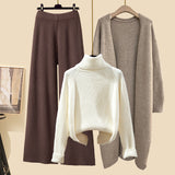 Winter Warm Knitwear Sets For Womens Elegant Turtleneck Sweater+long Knitted Jackets+wide Leg Knitting Pants Sets 2023