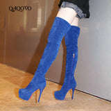 Women Winter Boots Super High Heel Over The Knee Boots Fashion Platform Zipper Boots Warm Fur Snow Boots Female Shoes Blue