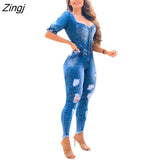 Women Buttons Sexy Denim Jumpsuit Hole Long Rompers Pocket Bodycon Summer Jeans Overalls Casual Fashion Party Club