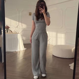 Summer New Women's Round Neck Solid Color Wide Leg Pants Temperament Commut Fashion