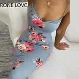 Women Lace Trim Spaghetti Strap Floral Print Bodycon Dress Summer
