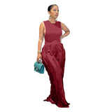 Vest Drawstring Fringed Knitted Top Casual Loose Wide-leg Pants Two-piece Suit Summer Green Tracksuit