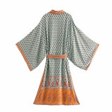 Queens Women Floral Print Sashes Bohemian Kimono Ladies V Neck Batwing Sleeves Boho Maxi Dress Robe Bikini