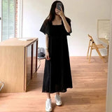 Retro Square Collar Dress Women Holiday Puff Short Sleeve Folds Backless A Line Midi Dress Beach Casual Lace Up