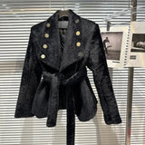 2022 Winter New Collection Double Breasted Buttons Woolen Belt Slim Waist Blazer Caot Women Cotton Liner Jacket