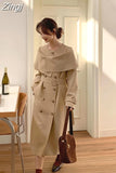 Spring Autumn Elegant Chic Long Khaki Shawl Style Trench Coat for Women Double Breasted Luxury Designer Clothing