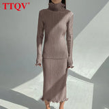 Elegant Slim Pleated Set Woman 2 Pieces Autumn Turtleneck Long Sleeve Shirt Casual Bodycon Midi Skirt Set Female