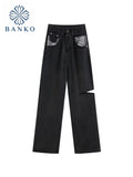 Chic Jeans Women High Waist Straight Denim Pants Baggy Vintage Women Washed Black Casual All-Match Female Trousers