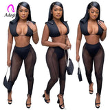 Women 2 Piece Set Mesh Patchwork Pencil Pants Solid Sleeveless Crop Top 2022 Sexy Night Club Party Style Female