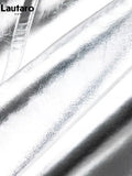 Spring Autumn Cool Silver Shiny Patent Faux Leather Jacket Women with Raglan Long Sleeve Luxury Designer Y2K
