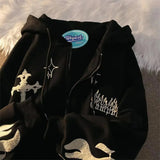 Retro Gothic Embroidered Cardigan Hoodies Women Y2K Street Trend Thickened Sweatshirts Couple Wild Zipper Hoodie